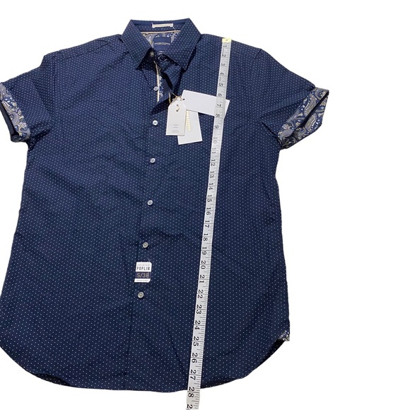 Denim & Flower Men Navy White Dots All Over Button-Front Shirt Sz Sm Poplin NWT - Picture 8 of 11